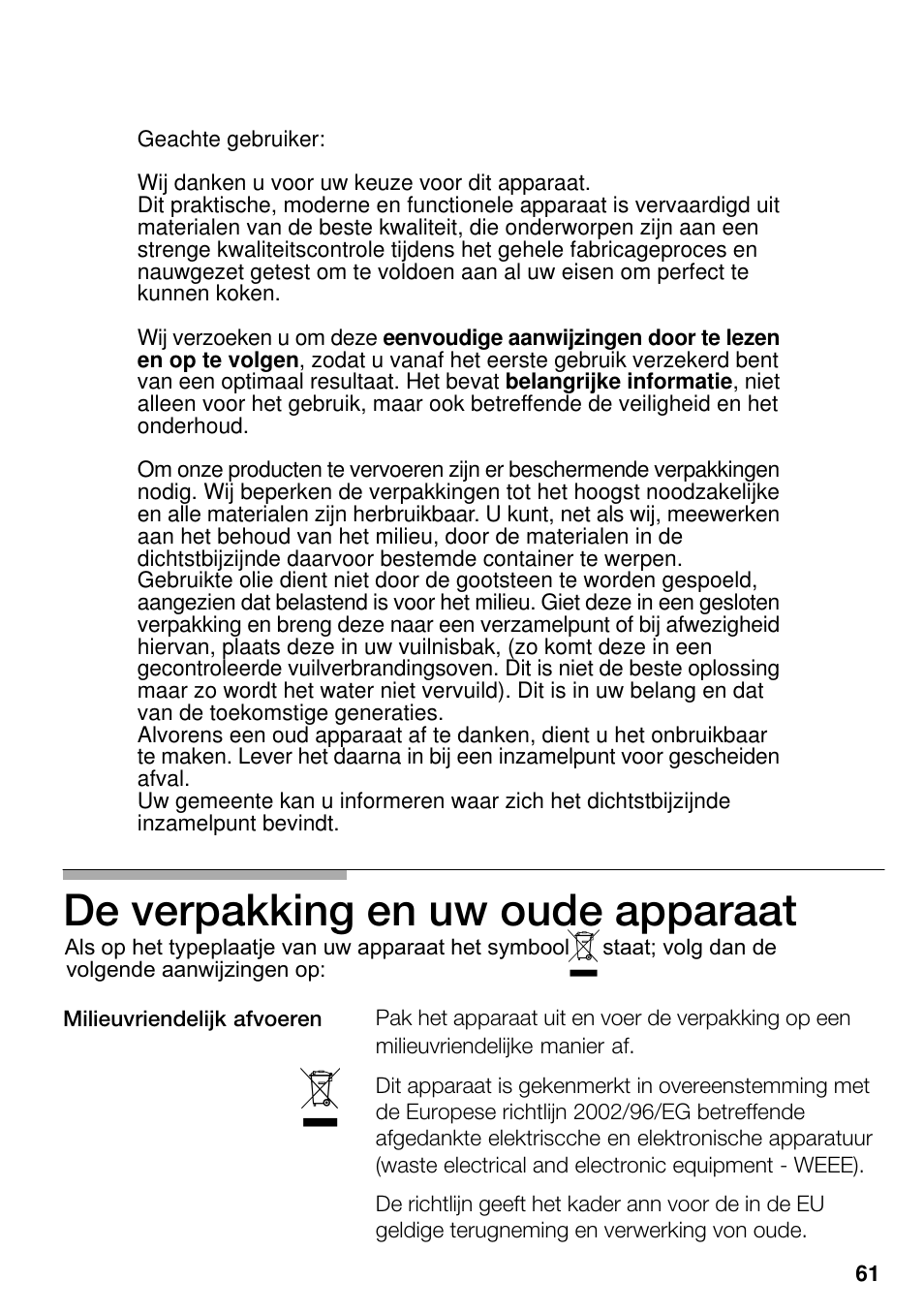 De verpakking en uw oude apparaat | Neff M3126N1  EU User Manual | Page 62 / 98