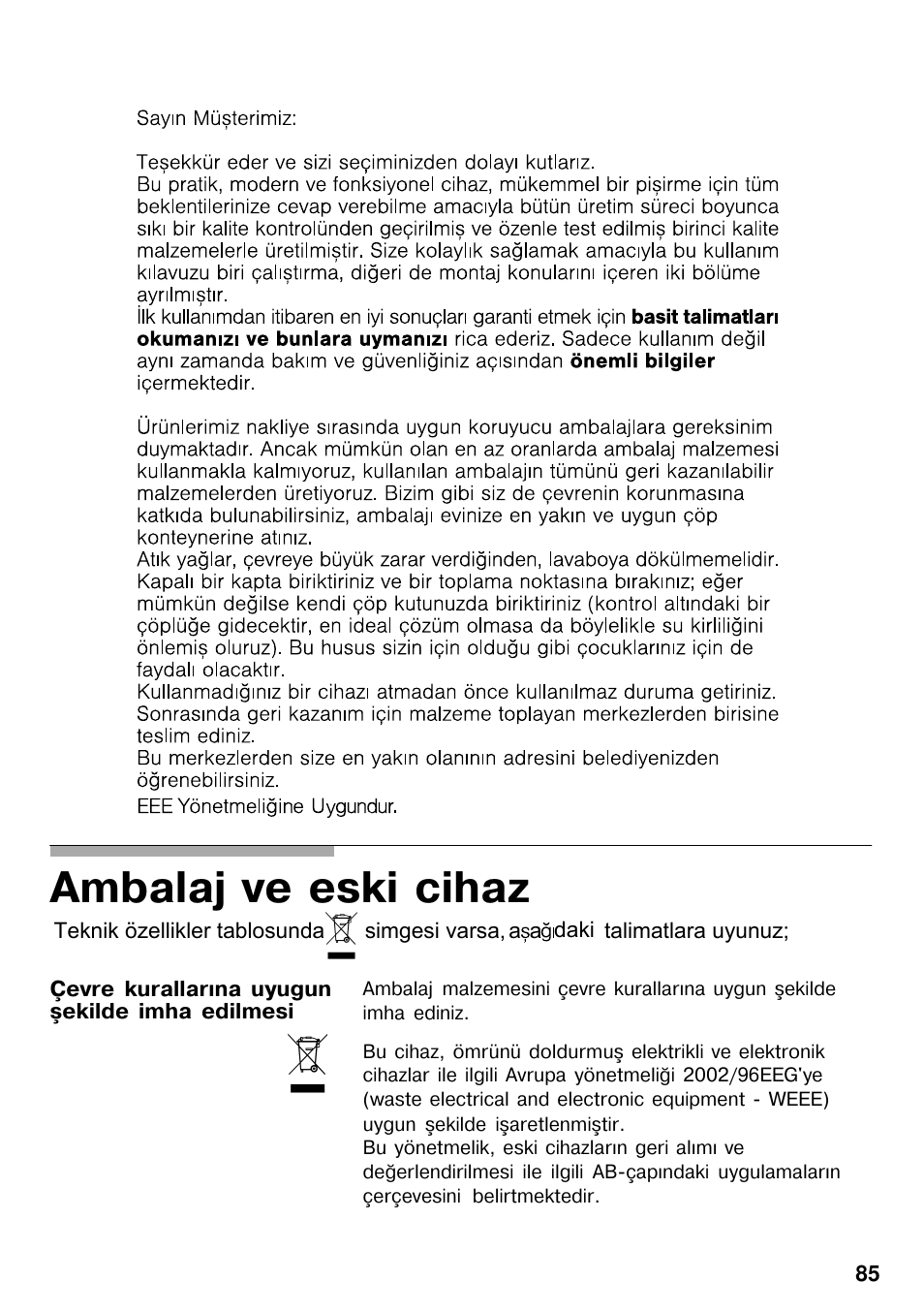 Ambalaj ve eski cihaz | Neff M3126N1  EU User Manual | Page 86 / 98