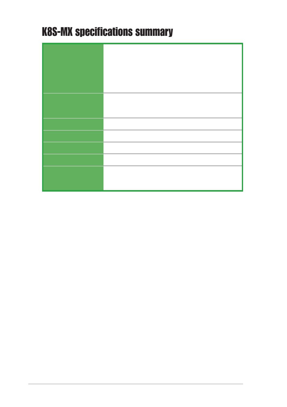K8s-mx specifications summary | Asus K8S-MX User Manual | Page 10 / 72
