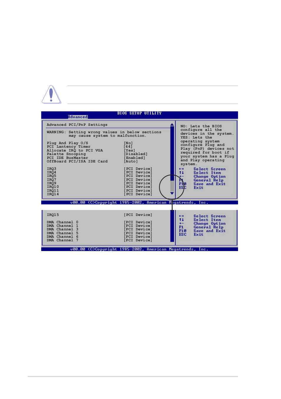 5 pci pnp, Plug and play o/s [no, Pci latency timer [64 | Allocate irq to pci vga [yes, 22 chapter 2: bios setup | Asus K8S-MX User Manual | Page 58 / 72