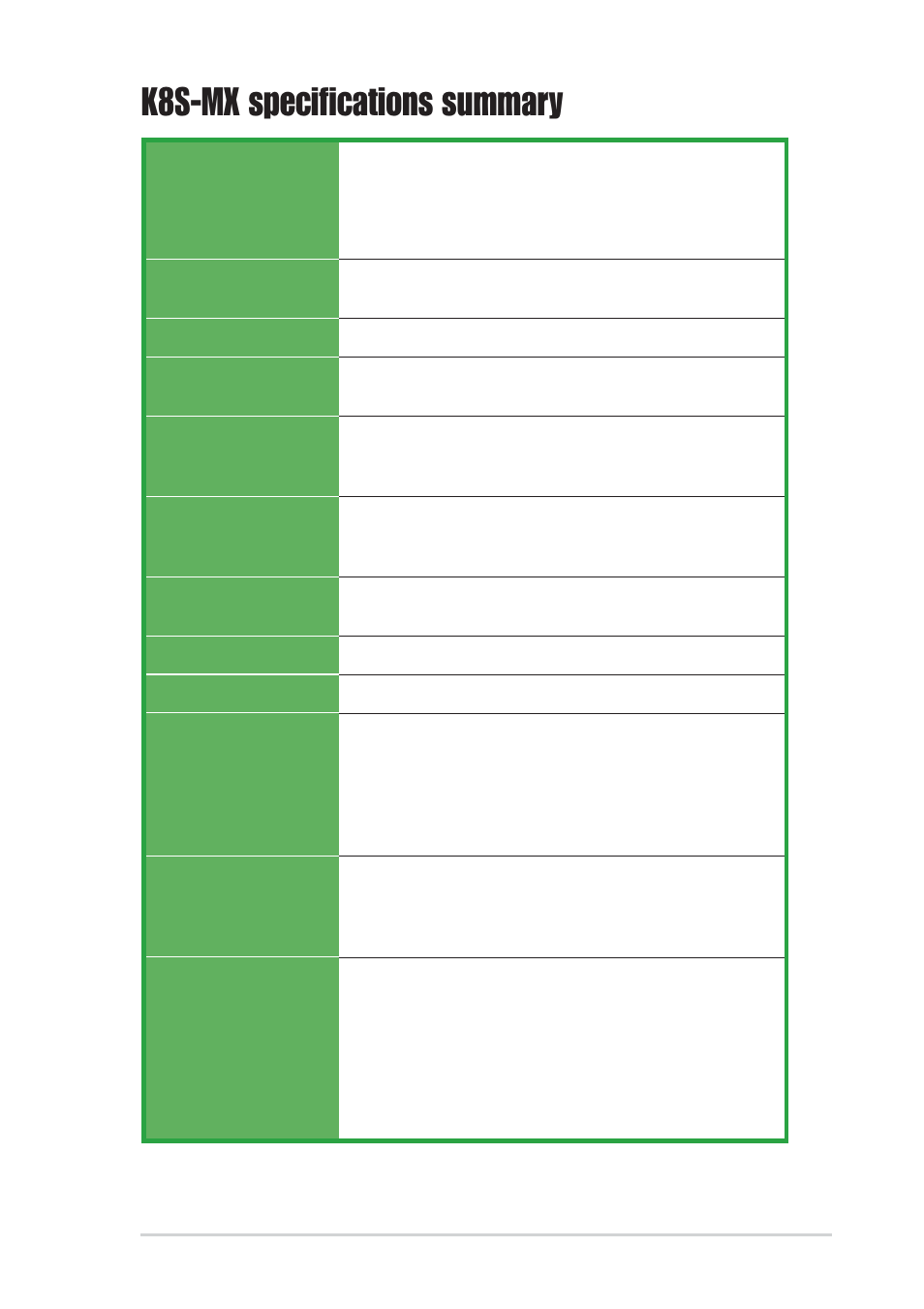 K8s-mx specifications summary | Asus K8S-MX User Manual | Page 9 / 72