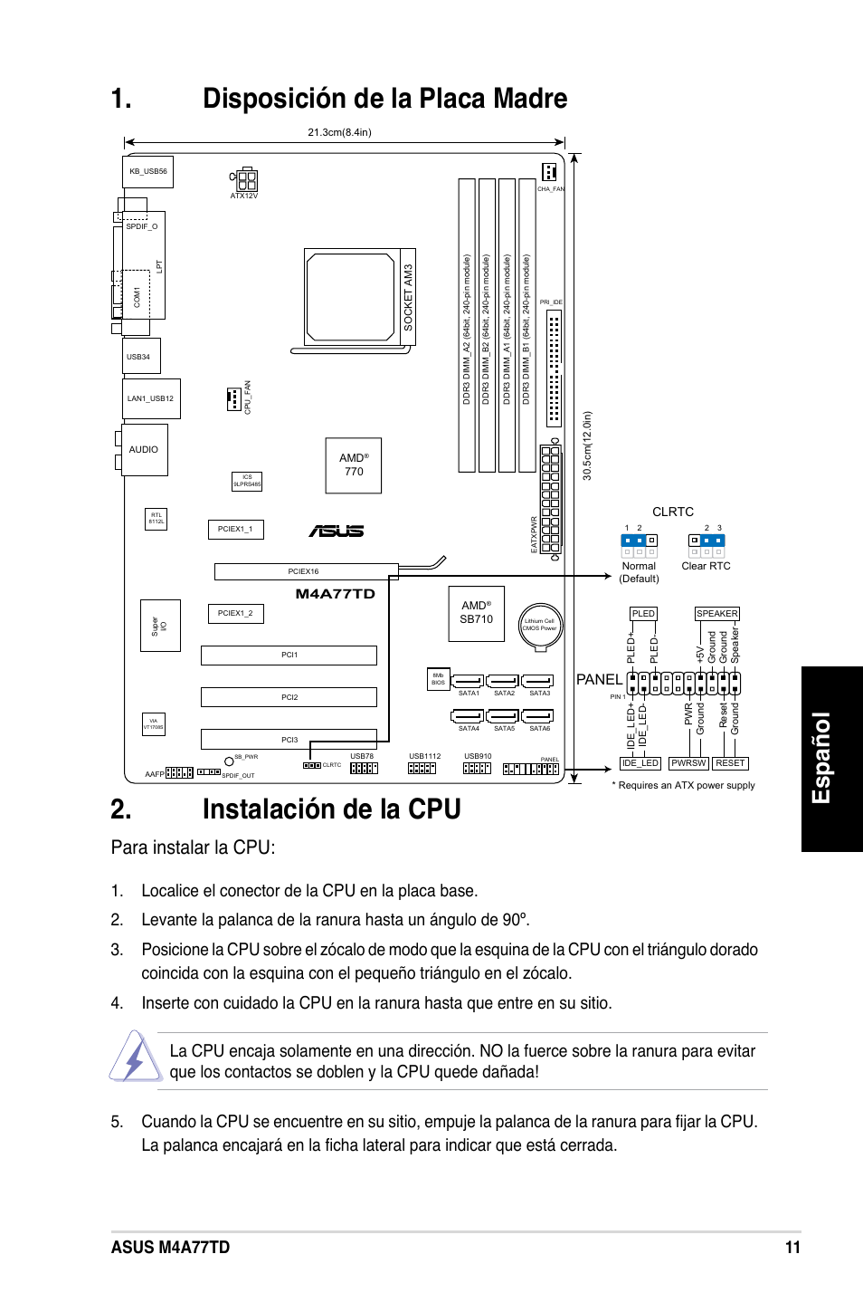 Español, Para instalar la cpu, Panel | Asus M4A77TD User Manual | Page 11 / 42