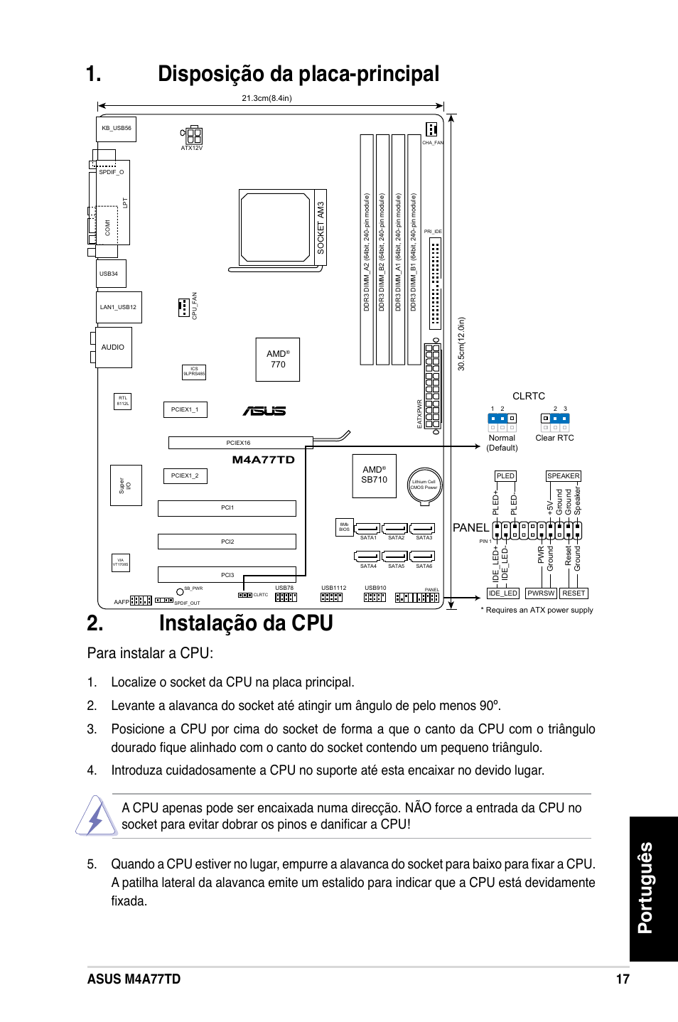 Disposição da placa-principal . instalação da cpu, Português, Para instalar a cpu | Panel | Asus M4A77TD User Manual | Page 17 / 42