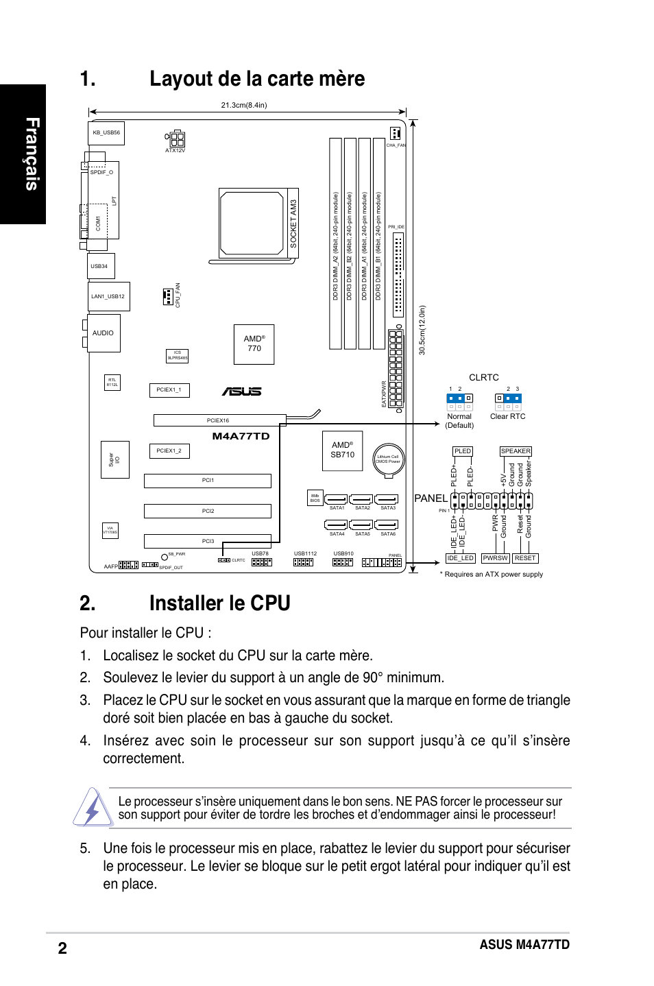 Installer le cpu, Layout de la carte mère, Français | Asus m4a77td, Panel | Asus M4A77TD User Manual | Page 2 / 42