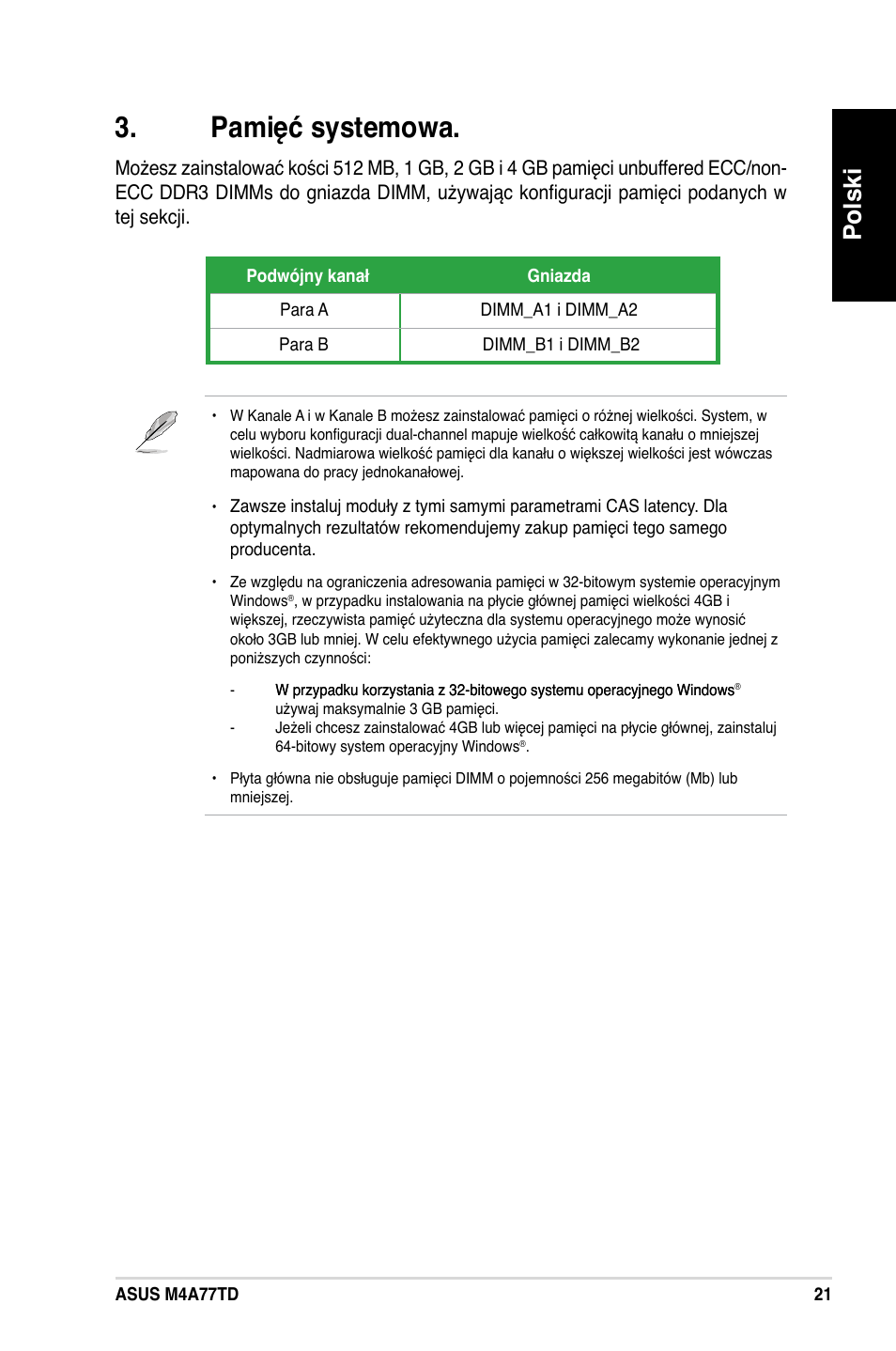 Pamięć systemowa, Polski | Asus M4A77TD User Manual | Page 21 / 42