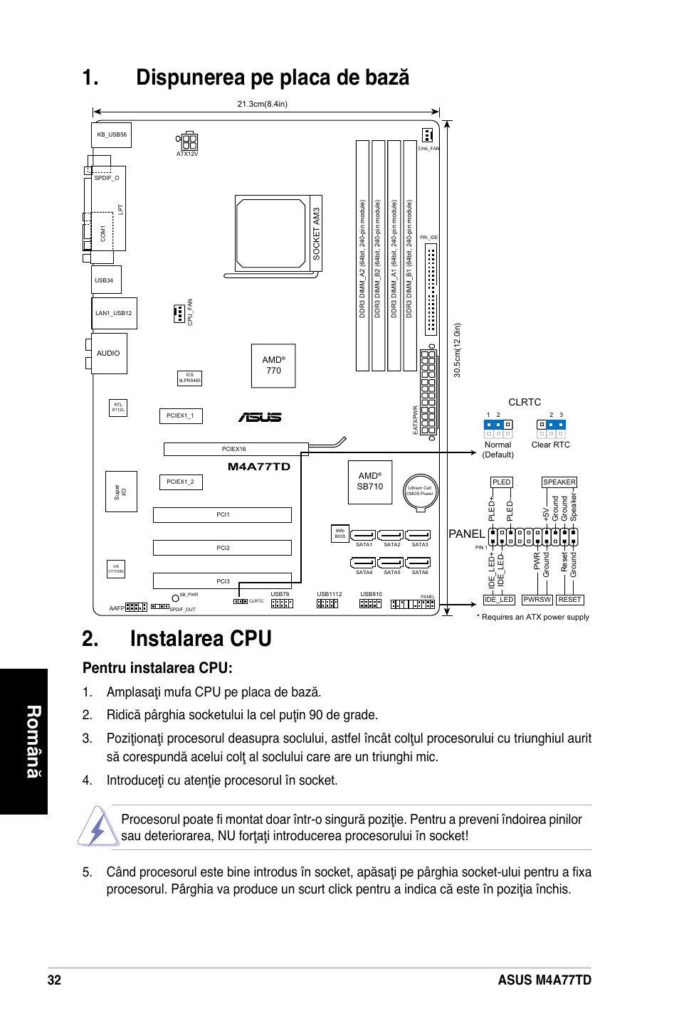 Dispunerea pe placa de bază . instalarea cpu, Română, Pentru instalarea cpu | Asus m4a77td, Panel, M4a77td | Asus M4A77TD User Manual | Page 32 / 42