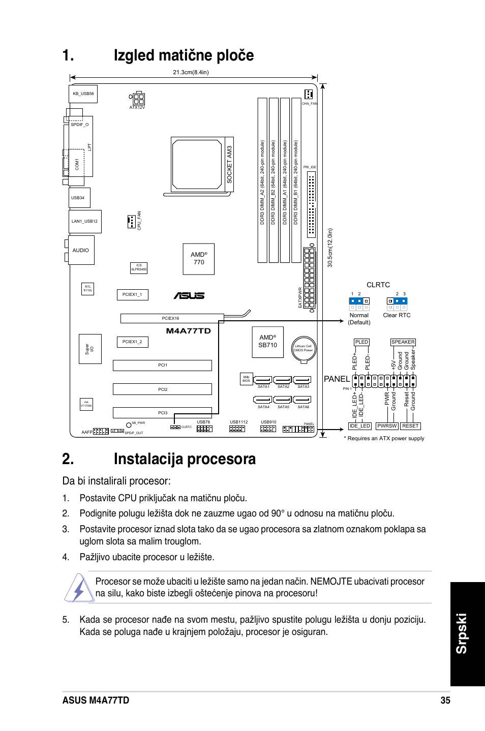 Izgled matične ploče . instalacija procesora, Srpski, Da bi instalirali procesor | 5 asus m4a77td, Panel | Asus M4A77TD User Manual | Page 35 / 42