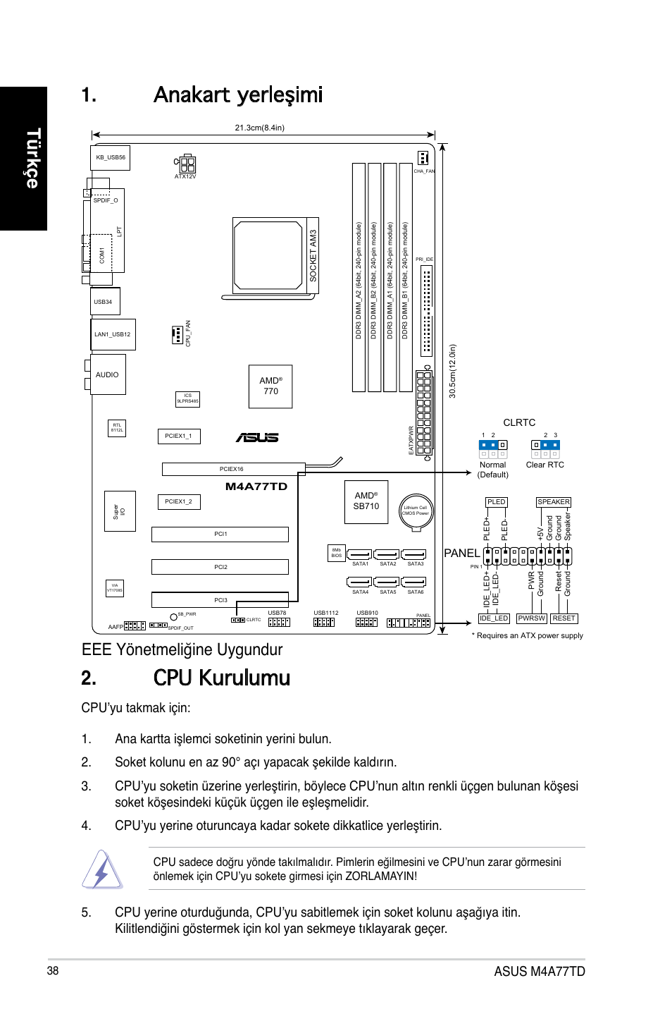 Anakart yerleşimi . cpu kurulumu, Türkçe, Eee yönetmeliğine uygundur | Asus m4a77td, Panel | Asus M4A77TD User Manual | Page 38 / 42