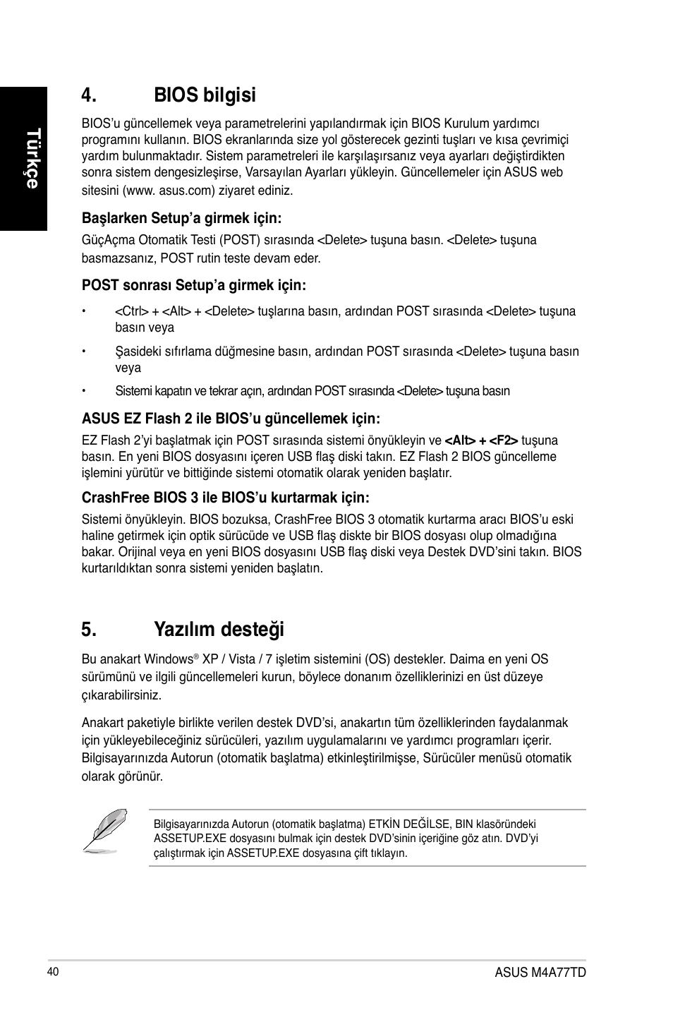 Bios bilgisi, Yazılım desteği, Türkçe | Asus M4A77TD User Manual | Page 40 / 42