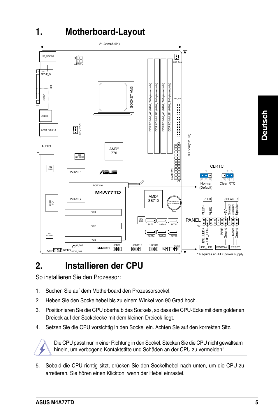 Motherboard-layout . installieren der cpu, Deutsch, So installieren sie den prozessor | 5asus m4a77td, Panel | Asus M4A77TD User Manual | Page 5 / 42