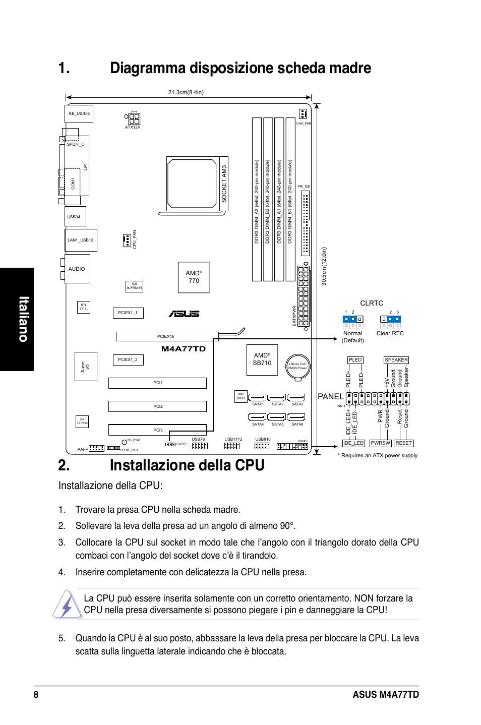 Italiano, Installazione della cpu, Asus m4a77td | Panel | Asus M4A77TD User Manual | Page 8 / 42