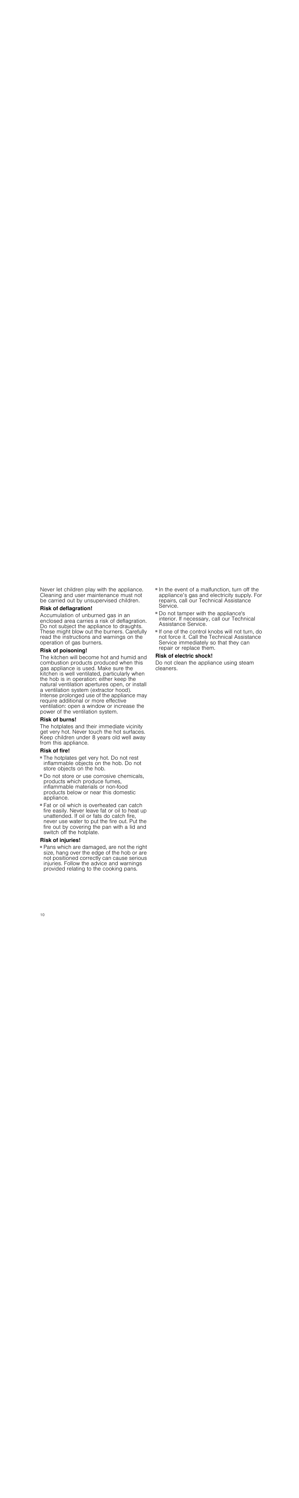 Risk of deflagration, Risk of poisoning, Risk of burns | Risk of fire, Risk of injuries, Risk of electric shock, Do not clean the appliance using steam cleaners | Neff M3126N1 User Manual | Page 10 / 51