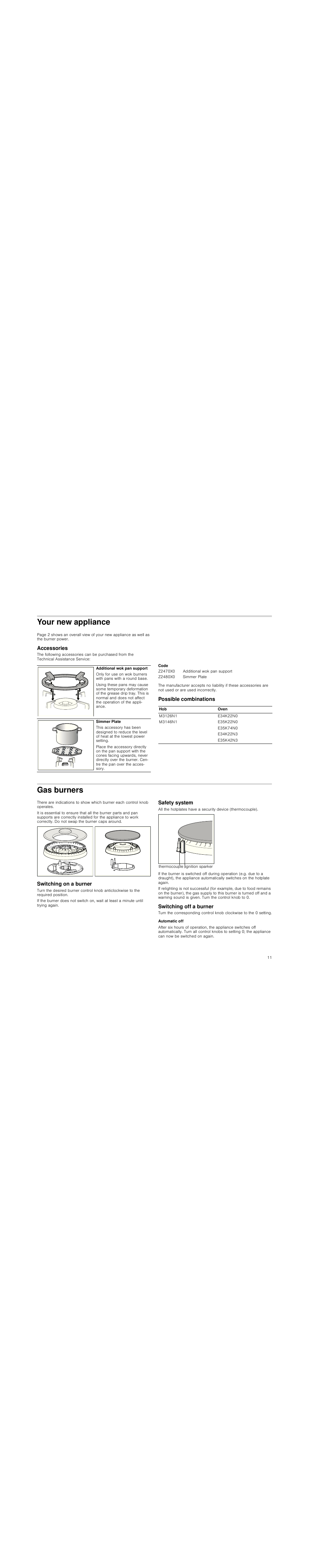 Your new appliance, Accessories, Code | Possible combinations, Gas burners, Switching on a burner, Safety system, Switching off a burner, Automatic off | Neff M3126N1 User Manual | Page 11 / 51