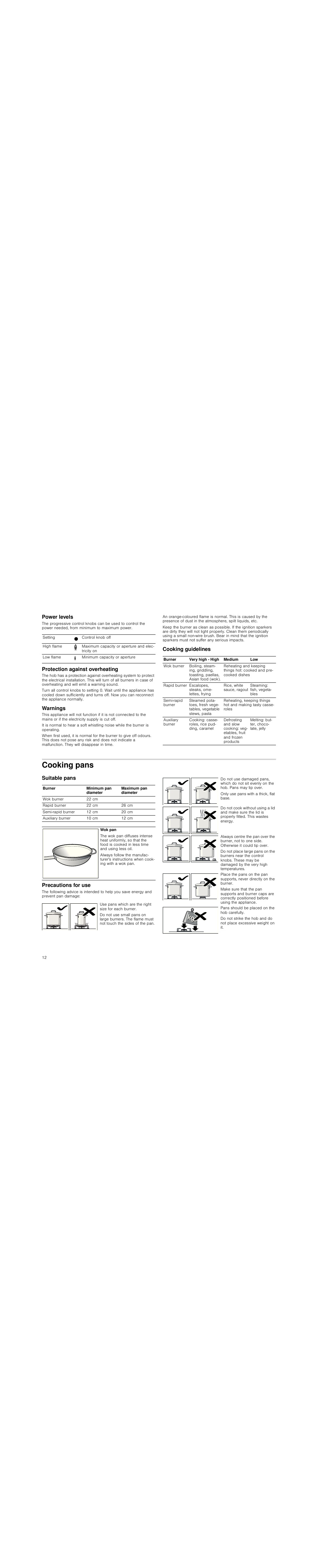 Power levels, Protection against overheating, Warnings | Cooking guidelines, Cooking pans, Suitable pans, Precautions for use | Neff M3126N1 User Manual | Page 12 / 51