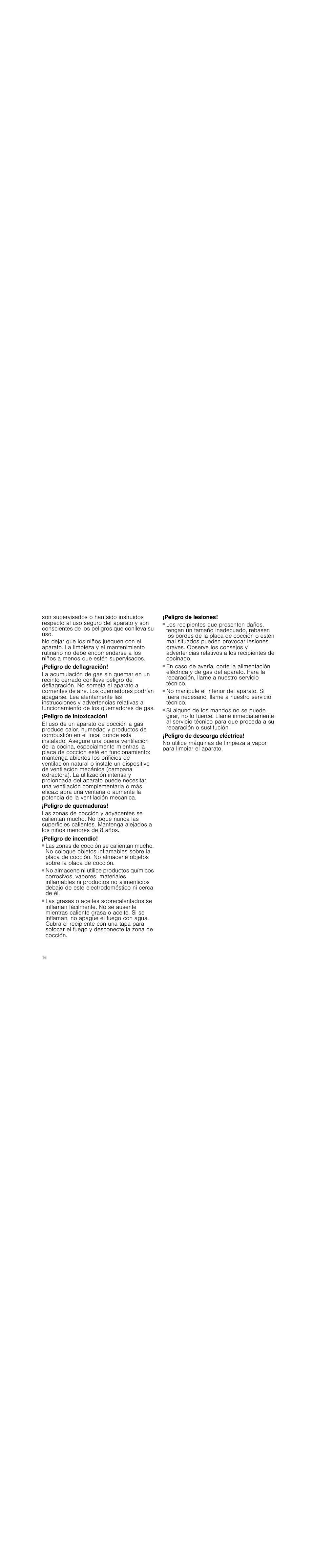 Peligro de deflagración, Peligro de intoxicación, Peligro de quemaduras | Peligro de incendio, Peligro de lesiones, Peligro de descarga eléctrica | Neff M3126N1 User Manual | Page 16 / 51