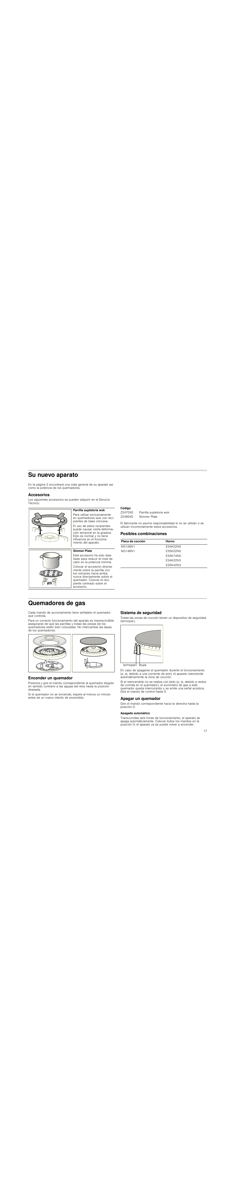 Su nuevo aparato, Accesorios, Código | Posibles combinaciones, Quemadores de gas, Encender un quemador, Sistema de seguridad, Apagar un quemador, Apagado automático | Neff M3126N1 User Manual | Page 17 / 51