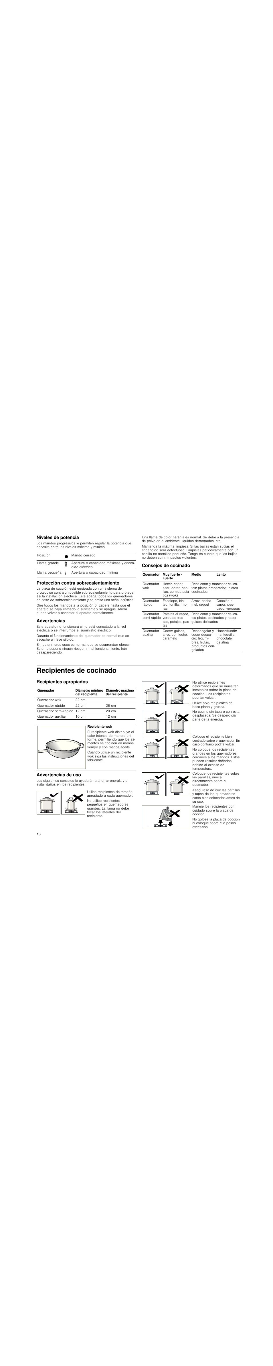 Niveles de potencia, Protección contra sobrecalentamiento, Advertencias | Consejos de cocinado, Recipientes de cocinado, Recipientes apropiados, Advertencias de uso | Neff M3126N1 User Manual | Page 18 / 51