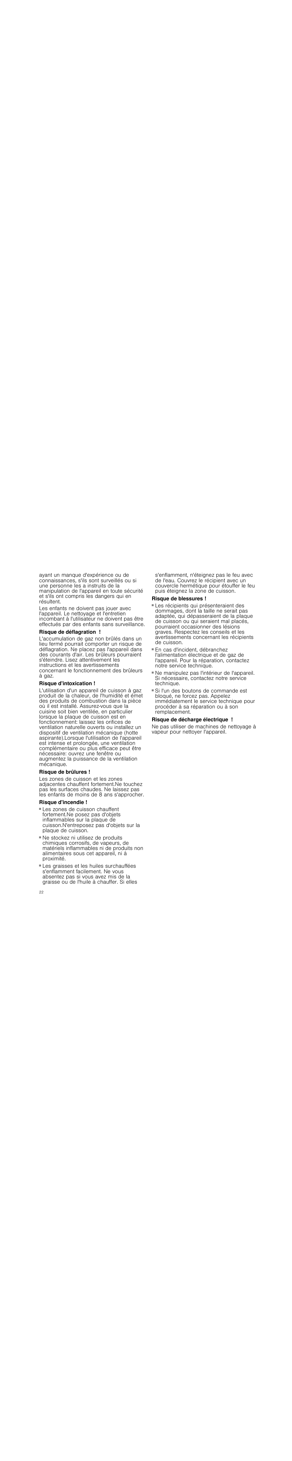 Risque de déflagration, Risque d'intoxication, Risque de brûlures | Risque d'incendie, Risque de blessures, Risque de décharge électrique | Neff M3126N1 User Manual | Page 22 / 51