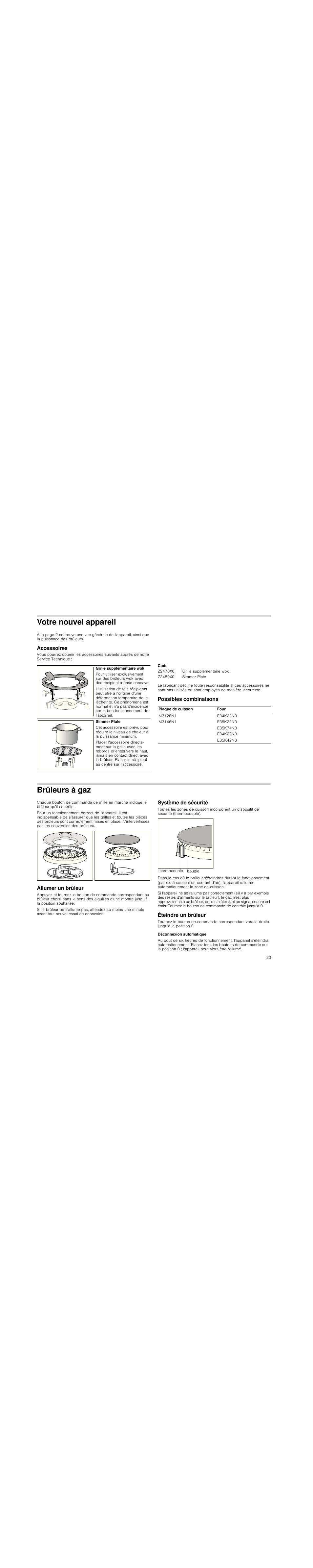 Votre nouvel appareil, Accessoires, Code | Possibles combinaisons, Brûleurs à gaz, Allumer un brûleur, Système de sécurité, Éteindre un brûleur, Déconnexion automatique | Neff M3126N1 User Manual | Page 23 / 51