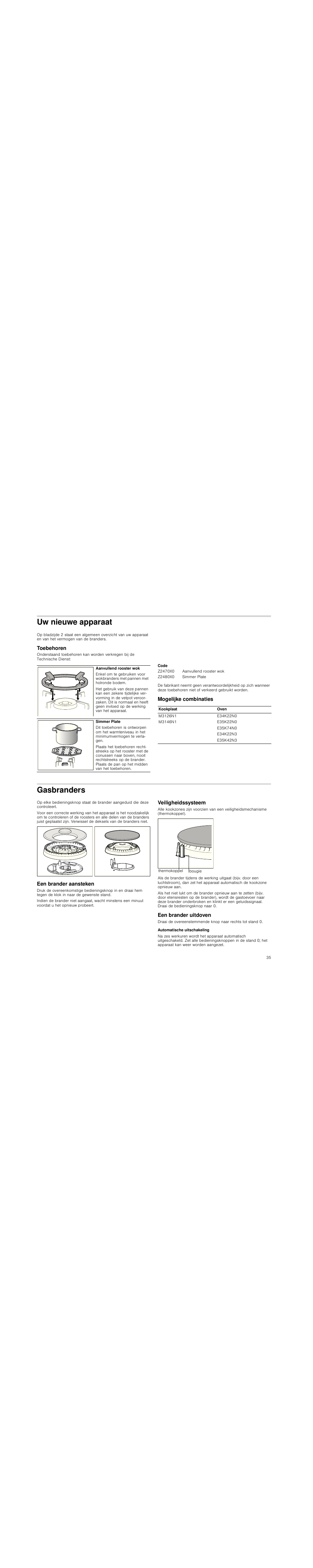 Uw nieuwe apparaat, Toebehoren, Code | Mogelijke combinaties, Gasbranders, Een brander aansteken, Veiligheidssysteem, Een brander uitdoven, Automatische uitschakeling | Neff M3126N1 User Manual | Page 35 / 51