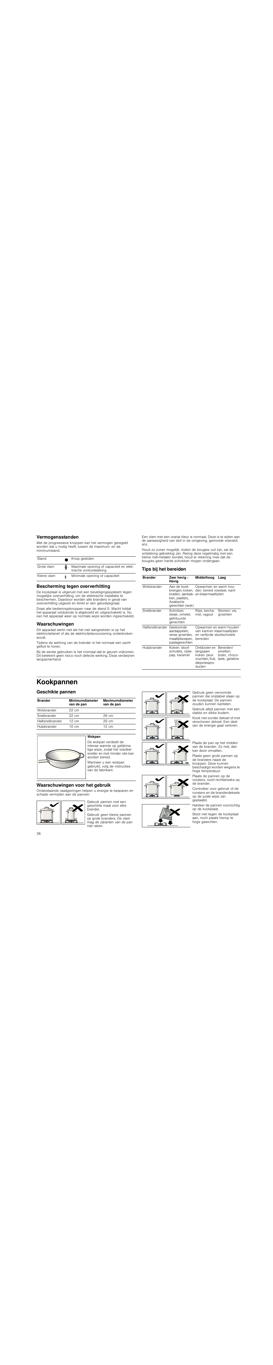 Vermogensstanden, Bescherming tegen oververhitting, Waarschuwingen | Tips bij het bereiden, Kookpannen, Geschikte pannen, Waarschuwingen voor het gebruik | Neff M3126N1 User Manual | Page 36 / 51