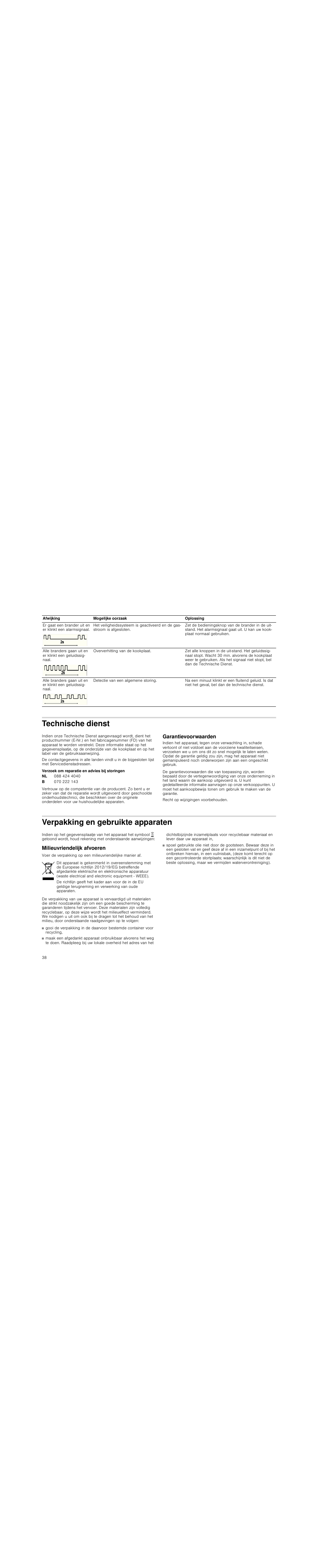 Technische dienst, Verzoek om reparatie en advies bij storingen, Garantievoorwaarden | Verpakking en gebruikte apparaten, Milieuvriendelijk afvoeren | Neff M3126N1 User Manual | Page 38 / 51