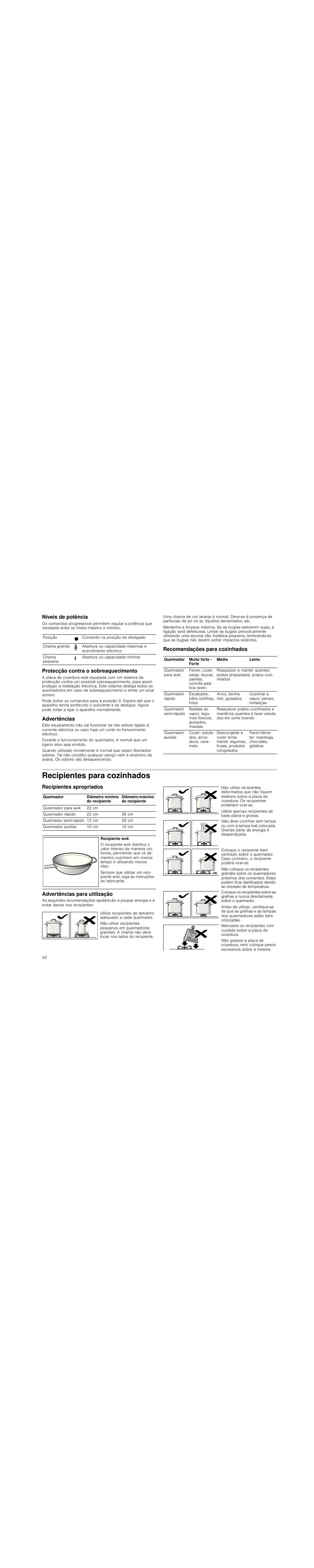 Níveis de potência, Protecção contra o sobreaquecimento, Advertências | Recomendações para cozinhados, Recipientes para cozinhados, Recipientes apropriados, Advertências para utilização | Neff M3126N1 User Manual | Page 42 / 51