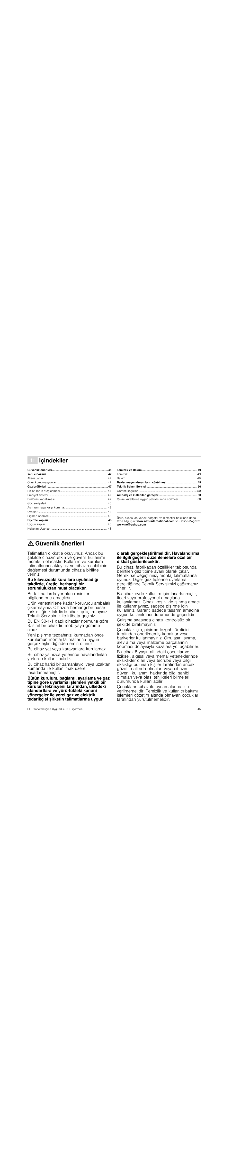 Ô içindekiler[tr] kullanma kιlavuzu, Güvenlik önerileri, Bu cihaz yat veya karavanlara kurulamaz | Içindekiler | Neff M3126N1 User Manual | Page 45 / 51