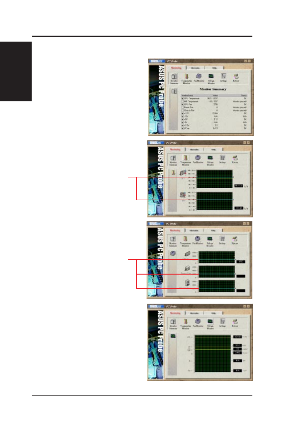 Vi. software reference, Using asus pc probe, Monitoring | Asus P5-99VM User Manual | Page 72 / 96