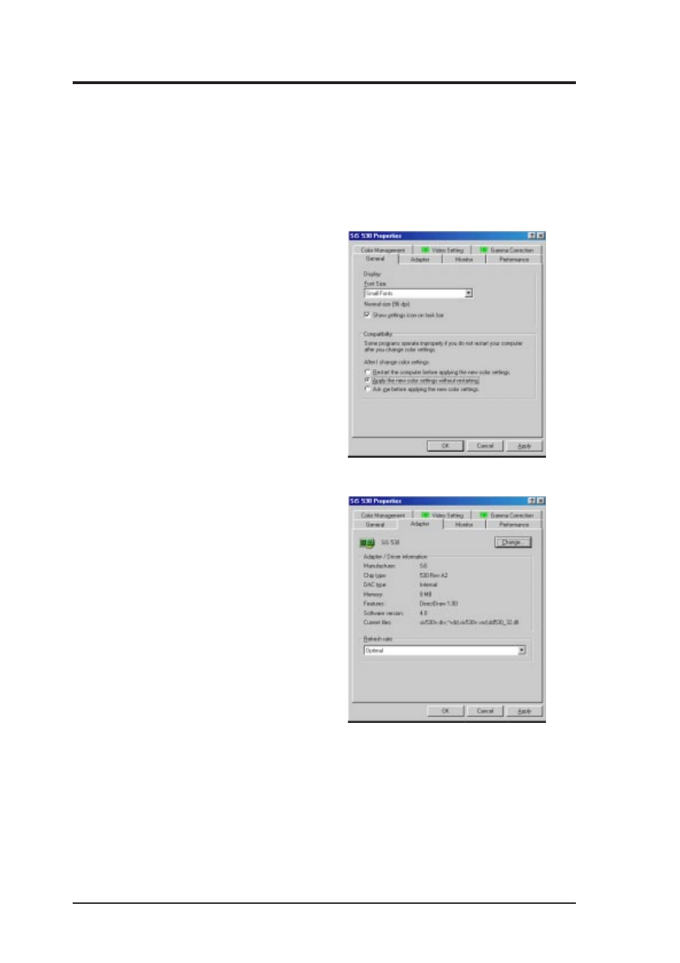 Vi. software reference, Sis 530 display properties, General | Adapter | Asus P5-99VM User Manual | Page 76 / 96