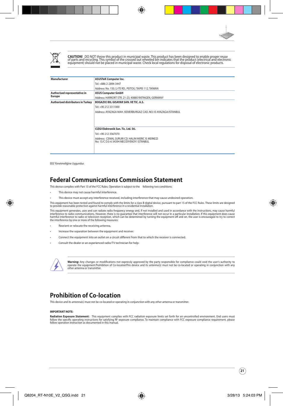 Federal communications commission statement, Prohibition of co-location | Asus RT-N10E User Manual | Page 21 / 26