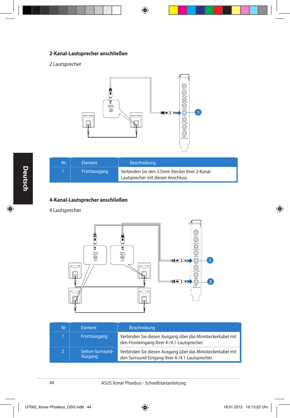 Deutsch, Kanal-lautsprecher anschließen 2 lautsprecher, Kanal-lautsprecher anschließen 4 lautsprecher | 44 asus xonar phoebus - schnellstartanleitung | Asus ROG Xonar Phoebus Solo User Manual | Page 44 / 122