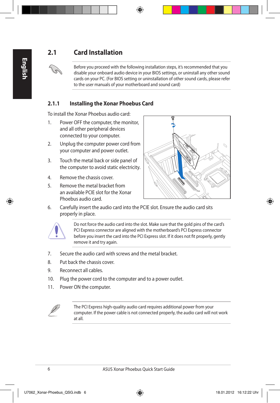 1 card installation, English | Asus ROG Xonar Phoebus Solo User Manual | Page 6 / 122