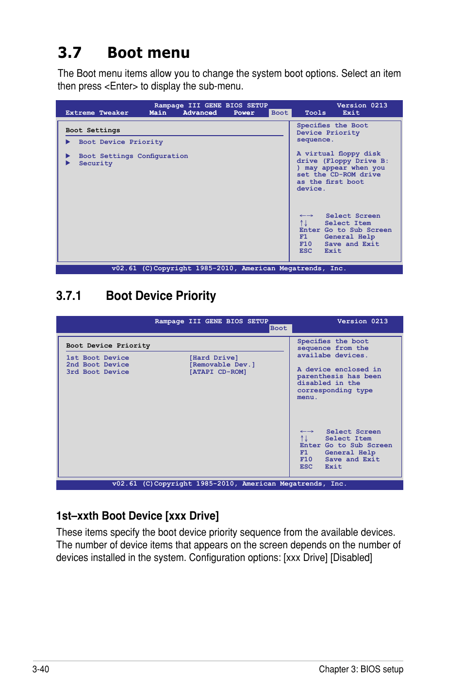 7 boot menu, 1 boot device priority, 1st–xxth boot device �xxx drive | 40 chapter 3: bios setup | Asus Rampage III Gene User Manual | Page 114 / 152