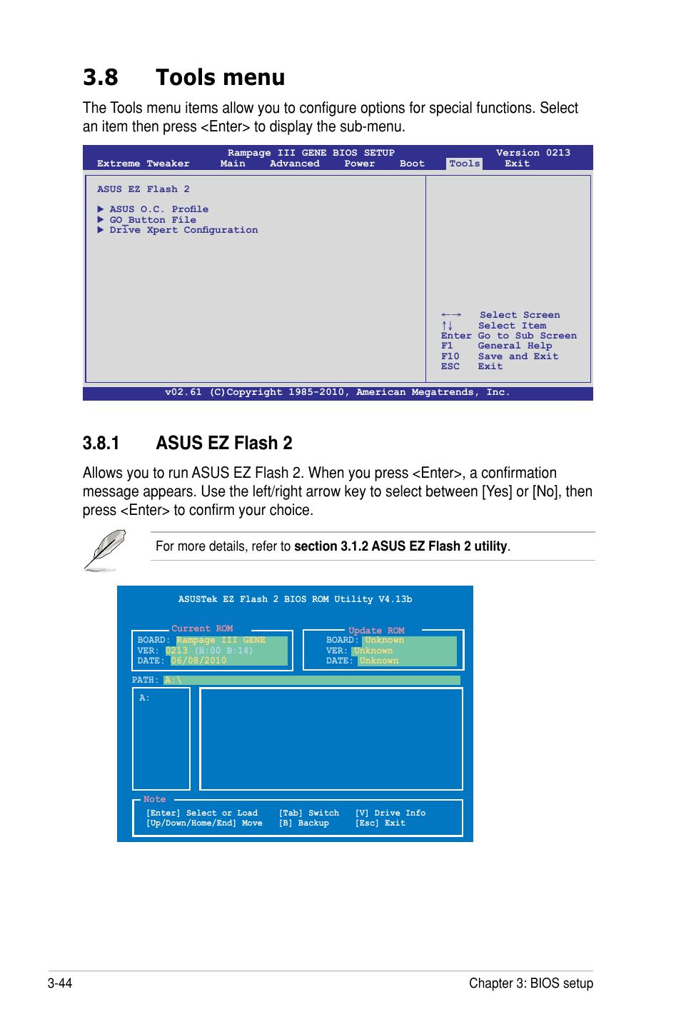 8 tools menu, 1 asus ez flash 2 | Asus Rampage III Gene User Manual | Page 118 / 152
