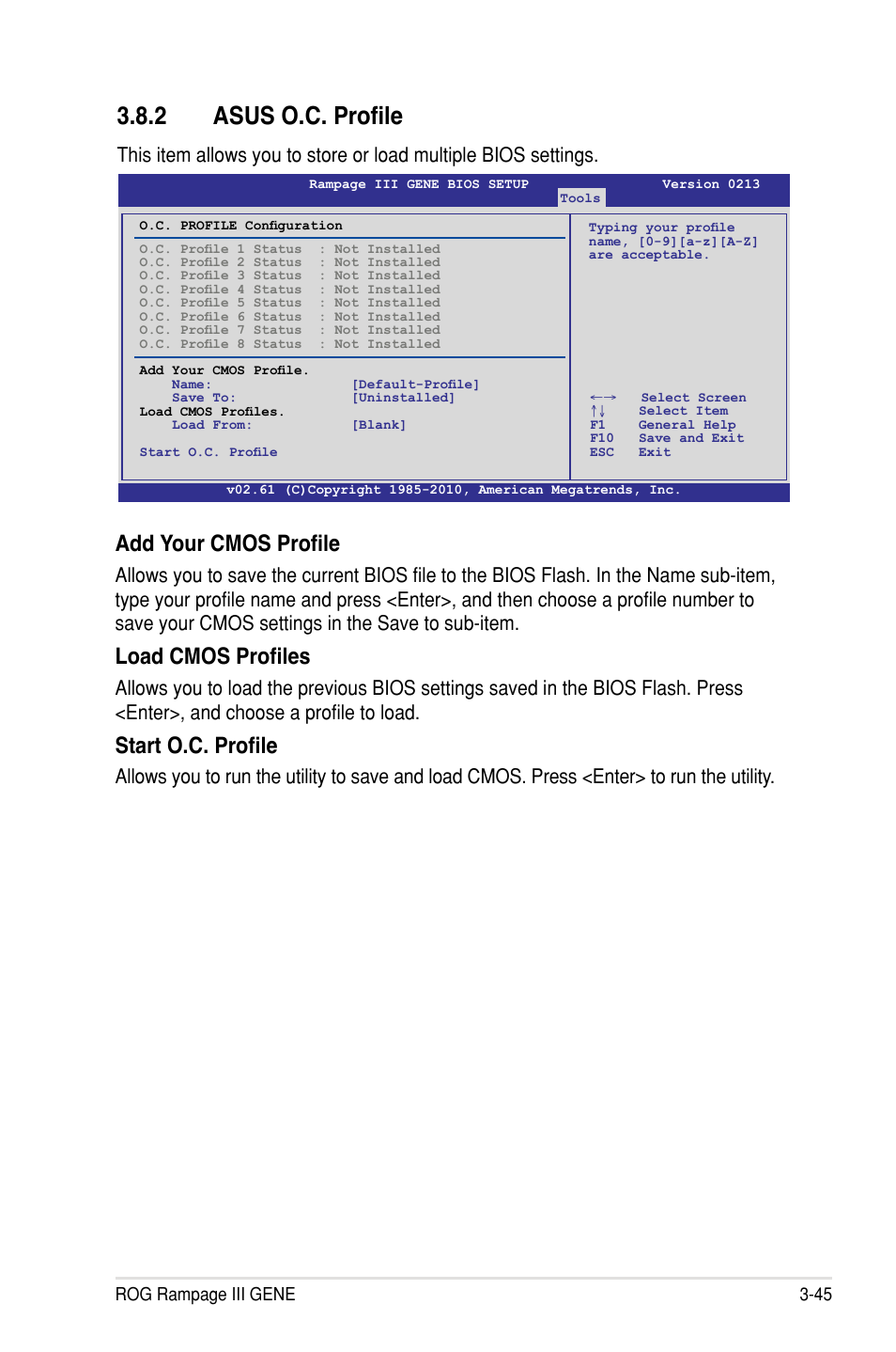 2 asus o.c. profile, Add your cmos profile, Load cmos profiles | Start o.c. profile | Asus Rampage III Gene User Manual | Page 119 / 152