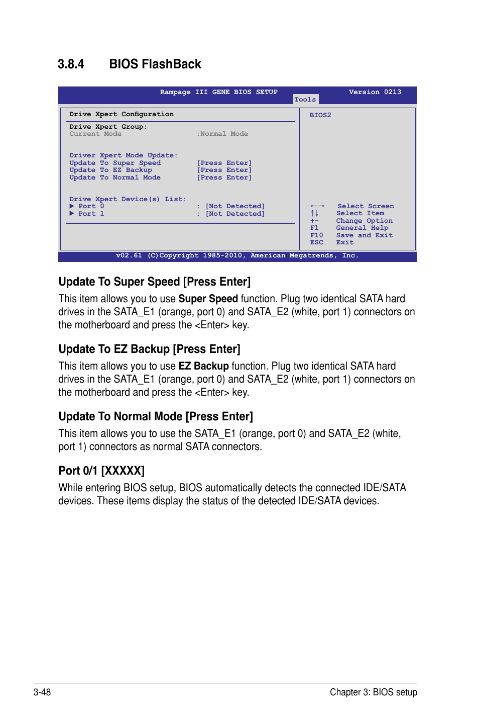 4 bios flashback, Update to super speed �press enter, Update to ez backup �press enter | Update to normal mode �press enter | Asus Rampage III Gene User Manual | Page 122 / 152