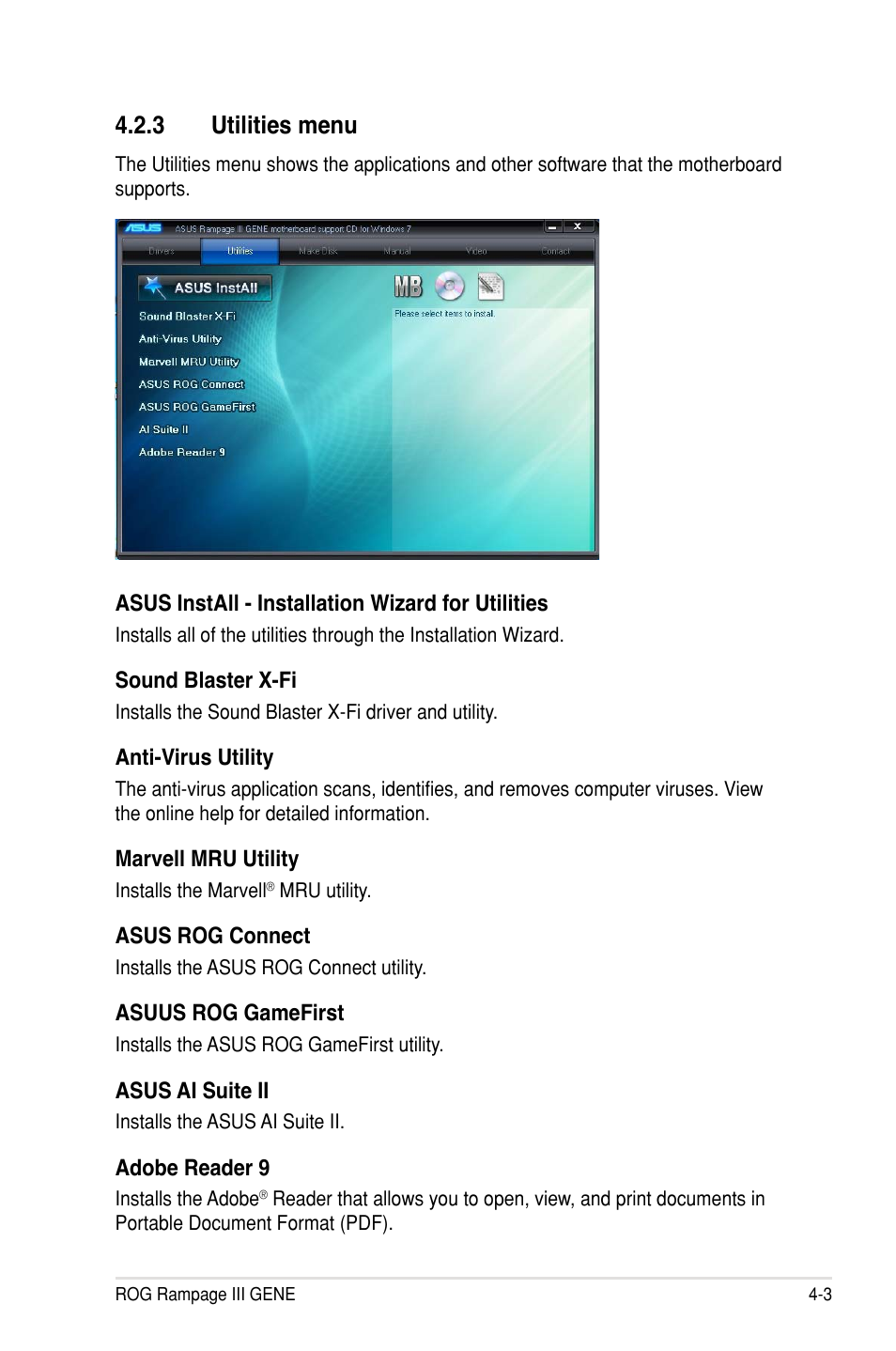 3 utilities menu | Asus Rampage III Gene User Manual | Page 129 / 152