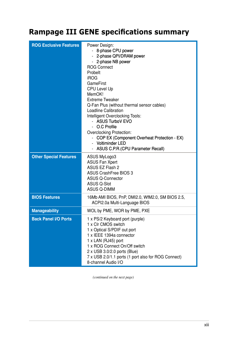 Rampage iii gene specifications summary | Asus Rampage III Gene User Manual | Page 13 / 152