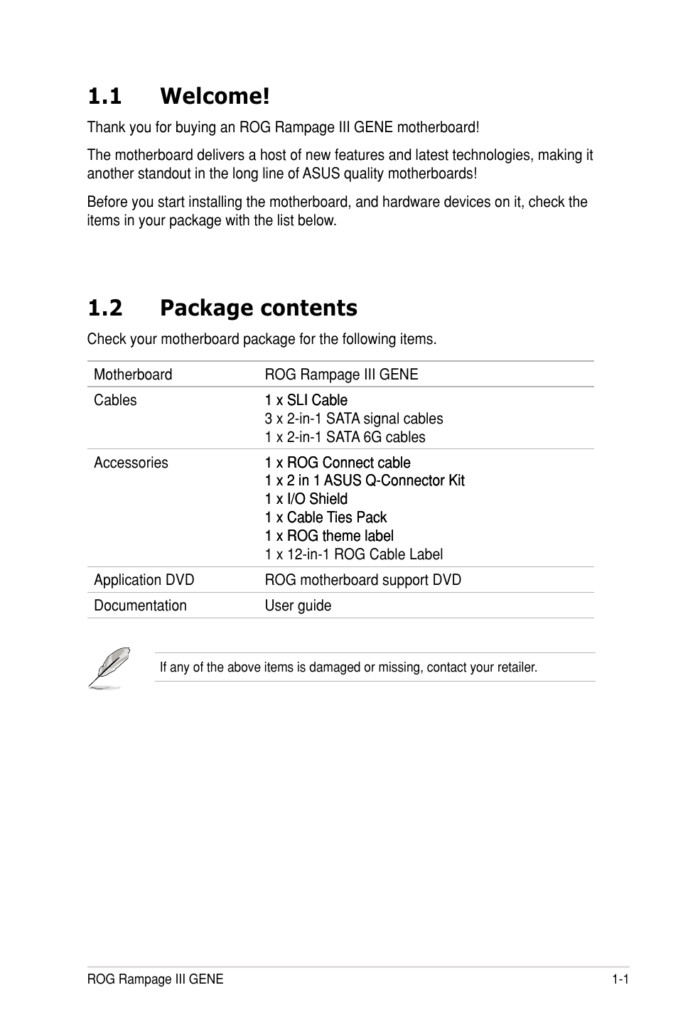 1 welcome, 2 package contents | Asus Rampage III Gene User Manual | Page 17 / 152