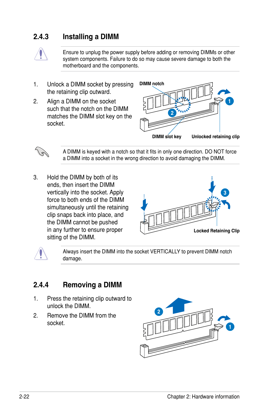 4 removing a dimm, 3 installing a dimm | Asus Rampage III Gene User Manual | Page 46 / 152