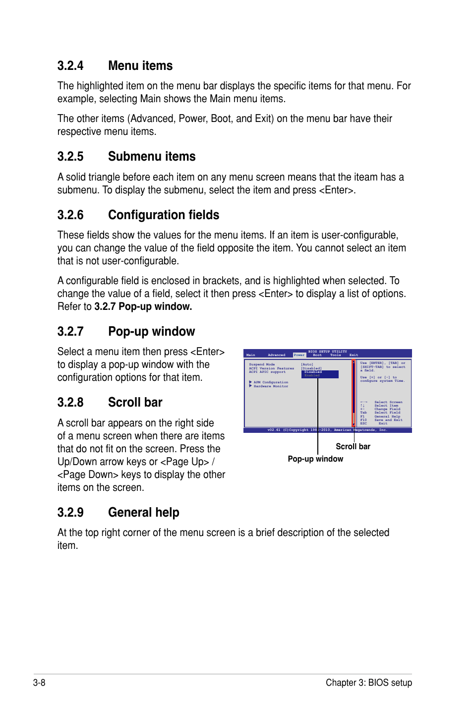 4 menu items, 5 submenu items, � configuration fields | 7 pop-up window, 8 scroll bar, 9 general help, 8 chapter 3: bios setup | Asus Rampage III Gene User Manual | Page 82 / 152