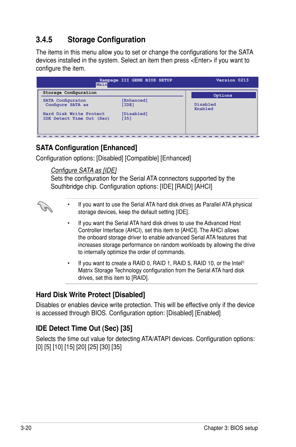 5 storage configuration, Sata configuration [enhanced, Hard disk write protect �disabled | Ide detect time out (sec) �35 | Asus Rampage III Gene User Manual | Page 94 / 152