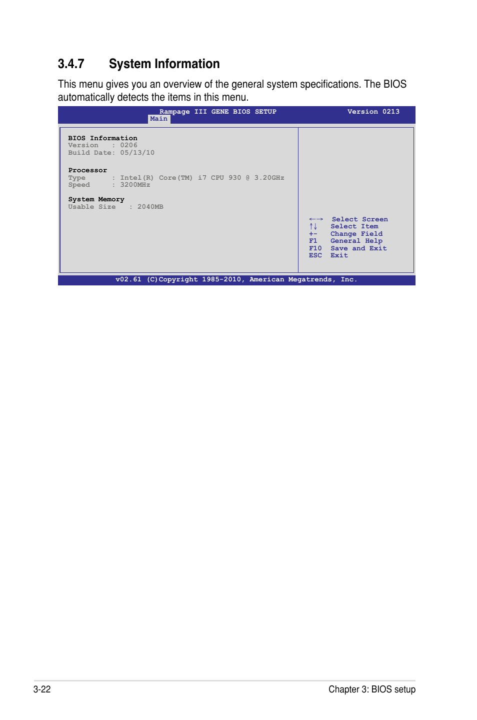 7 system information, 22 chapter 3: bios setup | Asus Rampage III Gene User Manual | Page 96 / 152