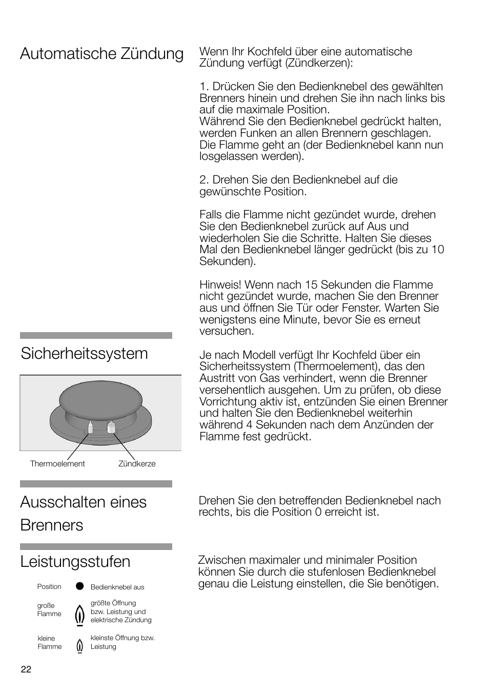Leistungsstufen, Ausschalten eines brenners, Automatische zündung | Sicherheitssystem | Neff N24K30N0 User Manual | Page 23 / 91