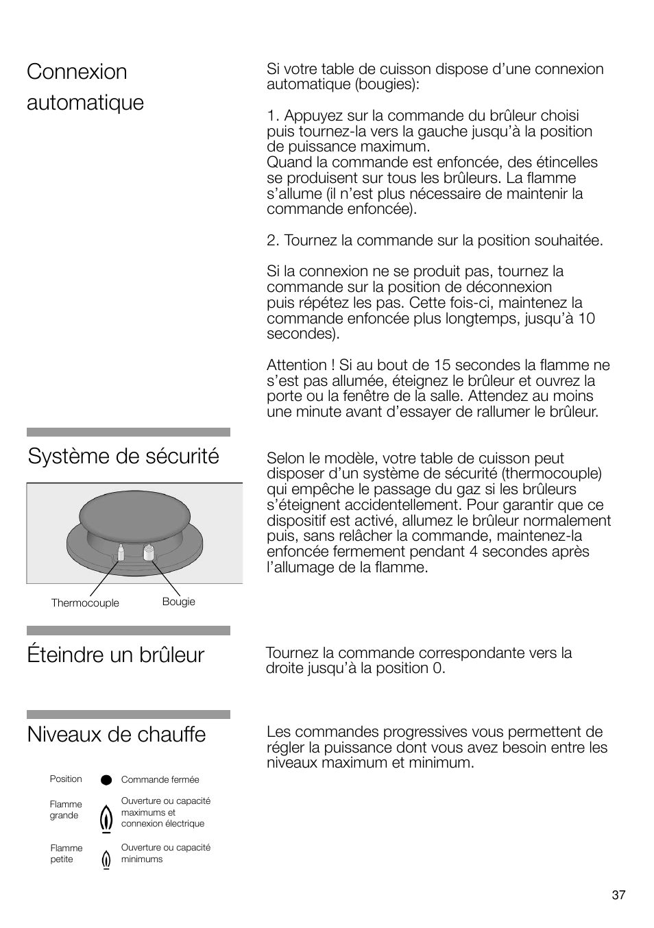 Niveaux de chauffe, Éteindre un brûleur, Connexion automatique | Système de sécurité | Neff N24K30N0 User Manual | Page 38 / 91