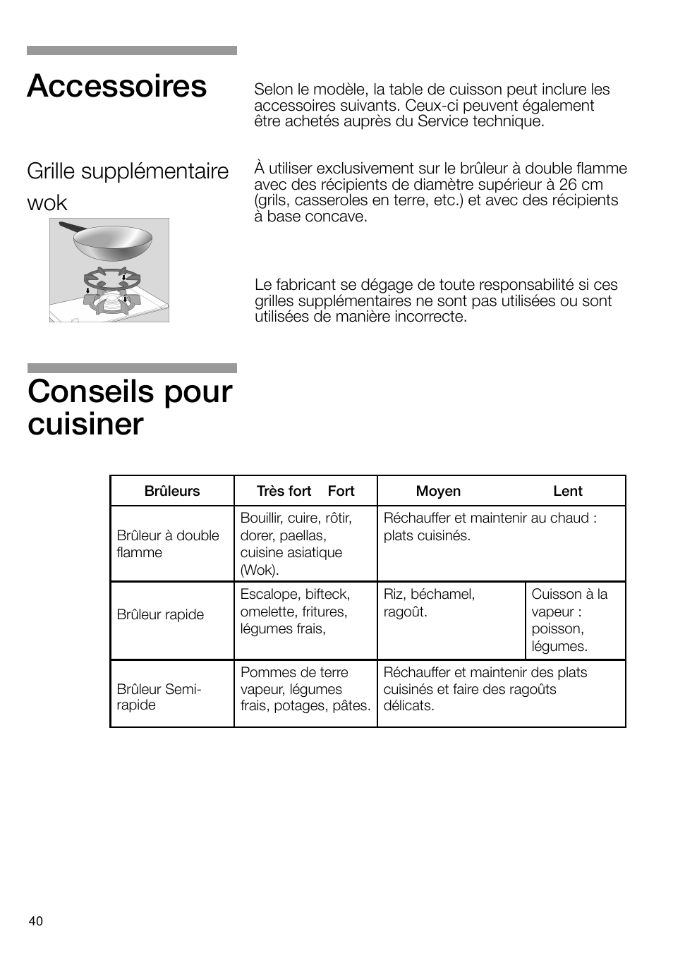 Conseils pour cuisiner, Accessoires, Grille supplémentaire wok | Neff N24K30N0 User Manual | Page 41 / 91