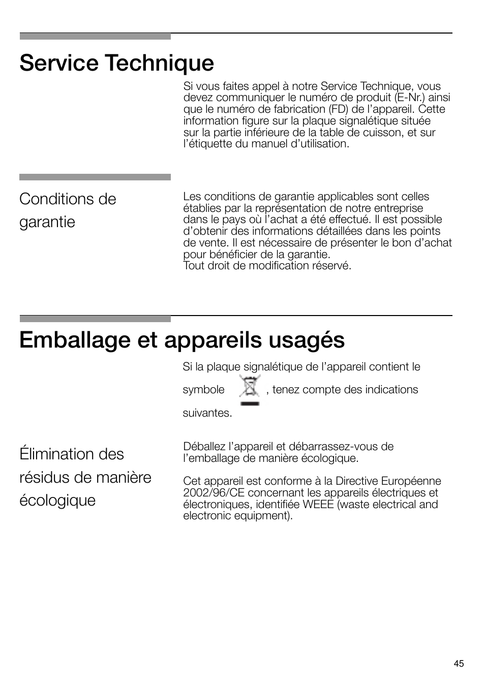 Emballage et appareils usagés service technique | Neff N24K30N0 User Manual | Page 46 / 91