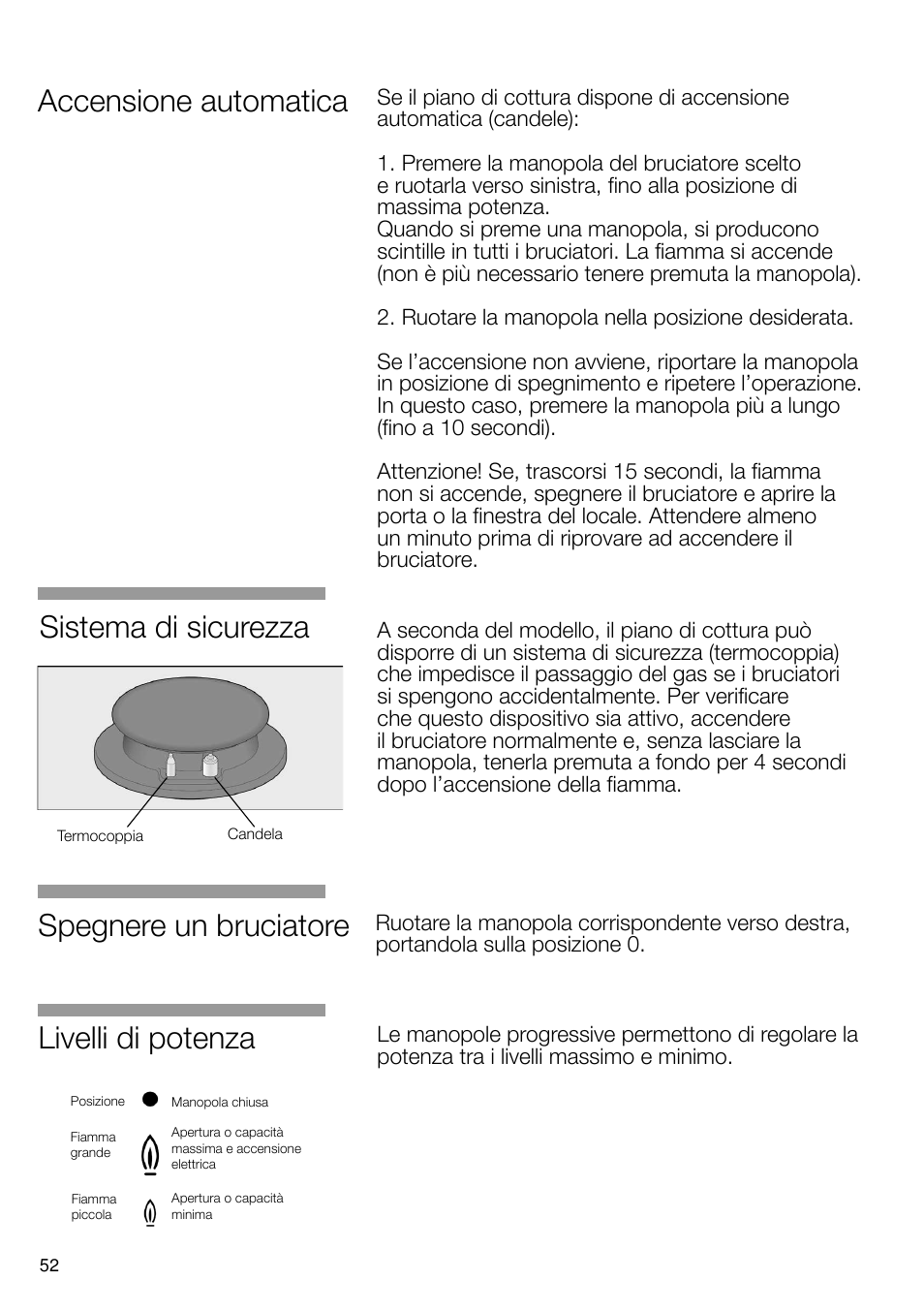 Livelli di potenza, Spegnere un bruciatore, Accensione automatica | Sistema di sicurezza | Neff N24K30N0 User Manual | Page 53 / 91