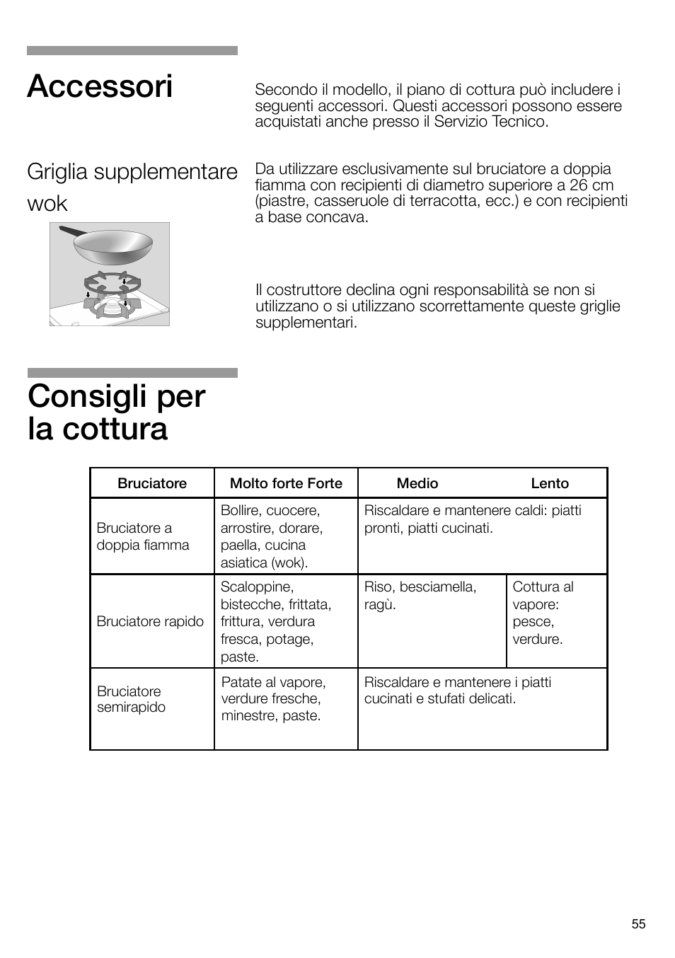 Consigli per la cottura, Accessori, Griglia supplementare wok | Neff N24K30N0 User Manual | Page 56 / 91